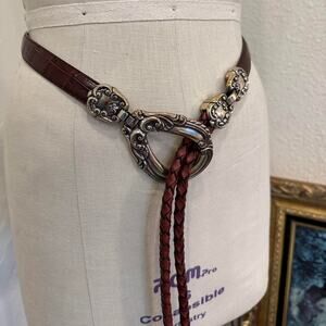 Vintage 90s Brown Leather Western Belt Silver Concho Bolo Style, Braided